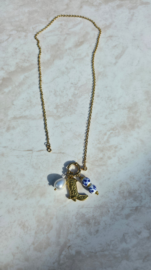 316L 18 K Gold Plated High-Quality Stainless Steel Necklace With Boot Ceramic Faux Pearl Charms Sailor Clasp