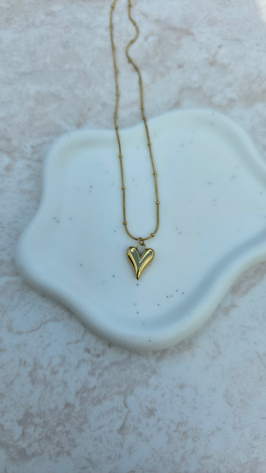Gold Plated Stainless Steel Necklace Minimalistic With Beaded Chain Polished Puffy Heart Pendant