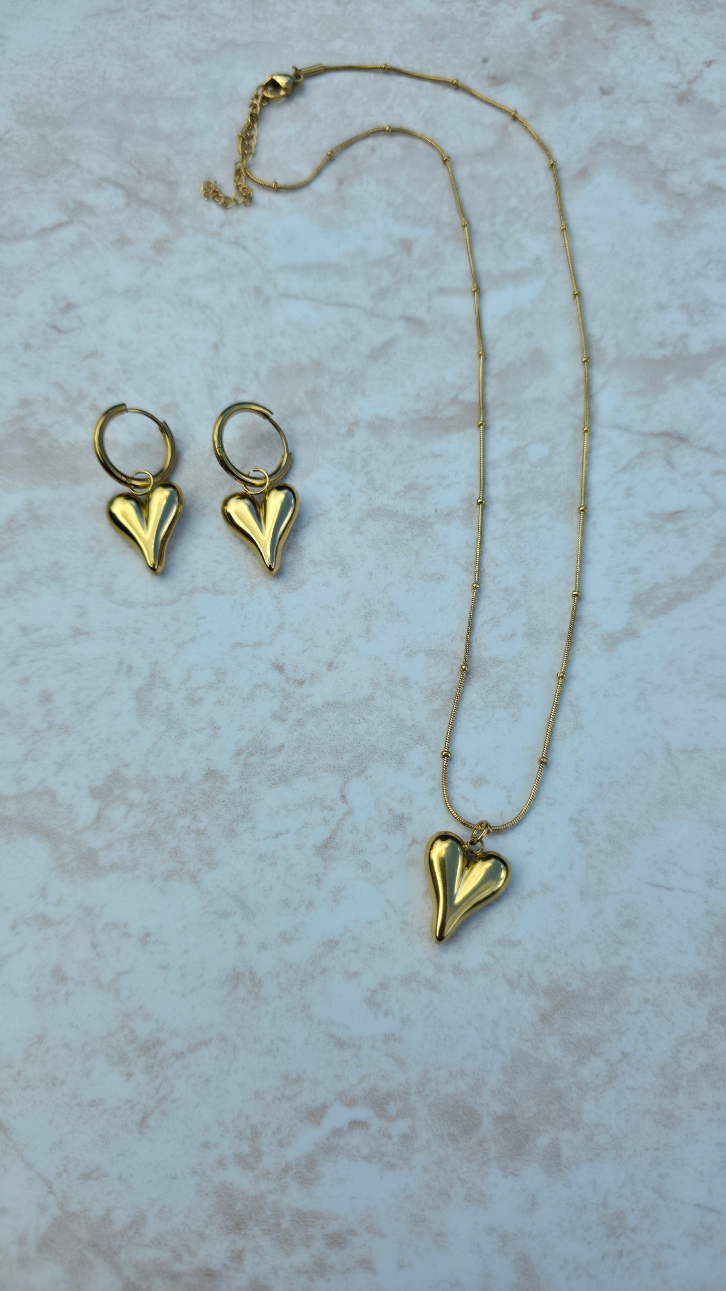 Gold Plated Stainless Steel Set Earrings And Necklace Chunky Polished Heart Pendant Charms