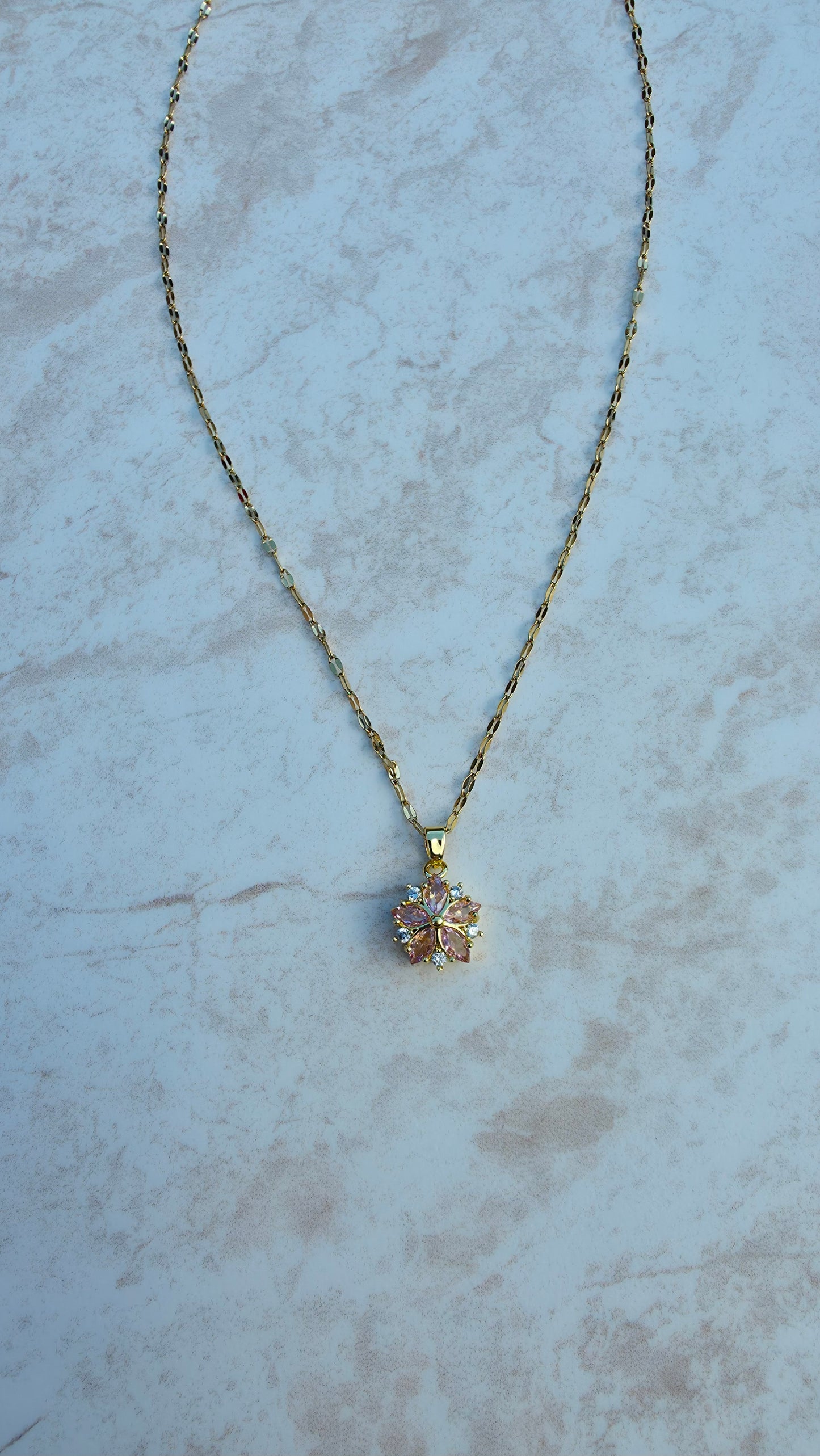 Delicate Dainty  18 K Gold Plated Stainless Steel Necklace With A Pink Stone Flower Pendant