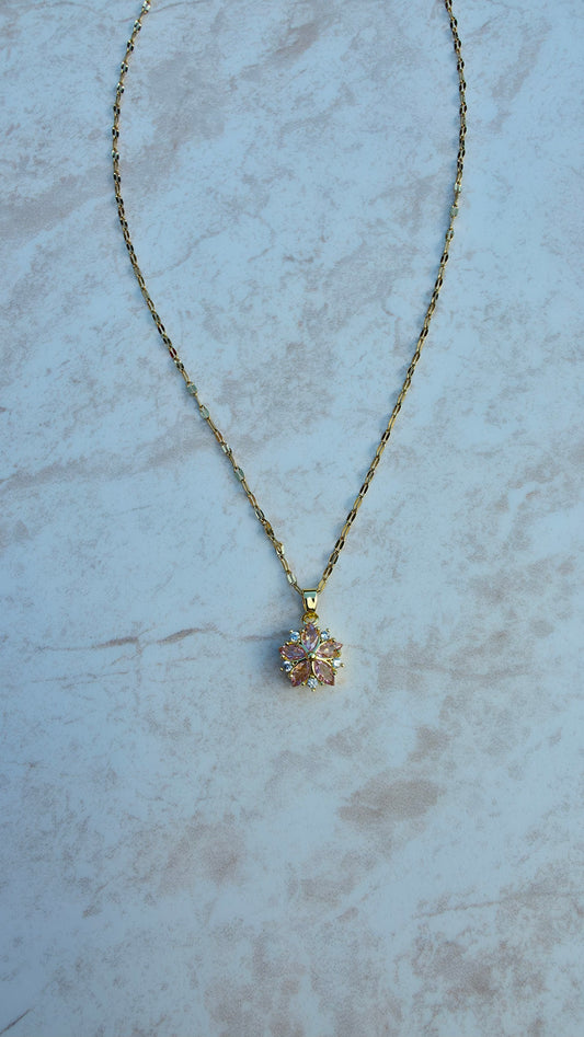Delicate Dainty  18 K Gold Plated Stainless Steel Necklace With A Pink Stone Flower Pendant