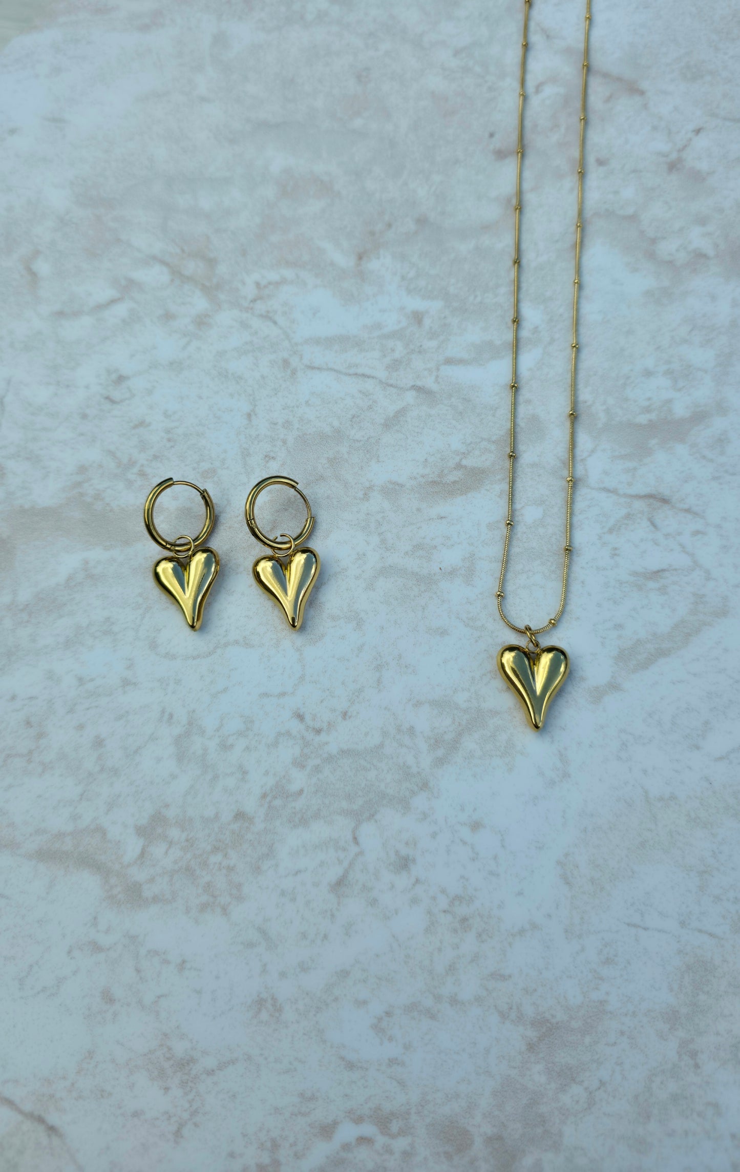 Gold Plated Stainless Steel Set Earrings And Necklace Chunky Polished Heart Pendant Charms