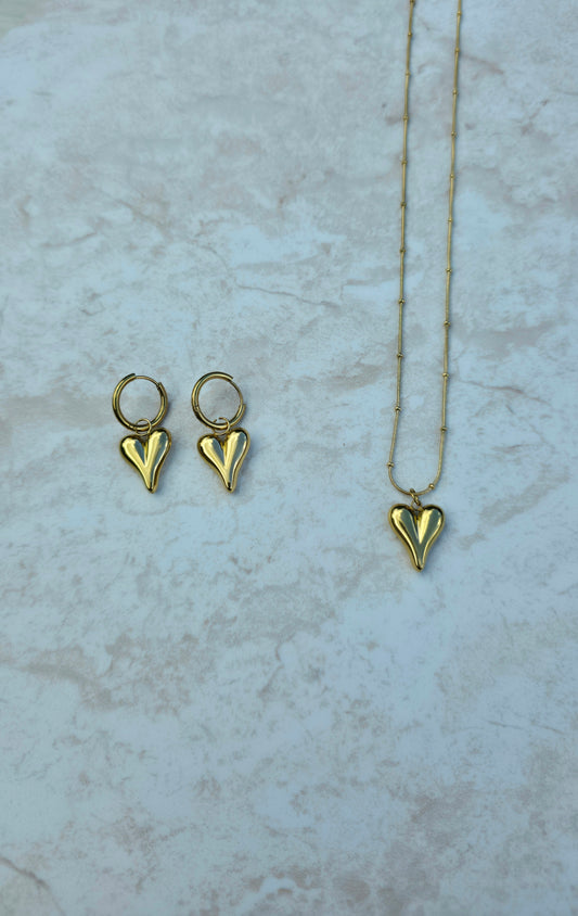 Gold Plated Stainless Steel Set Earrings And Necklace Chunky Polished Heart Pendant Charms